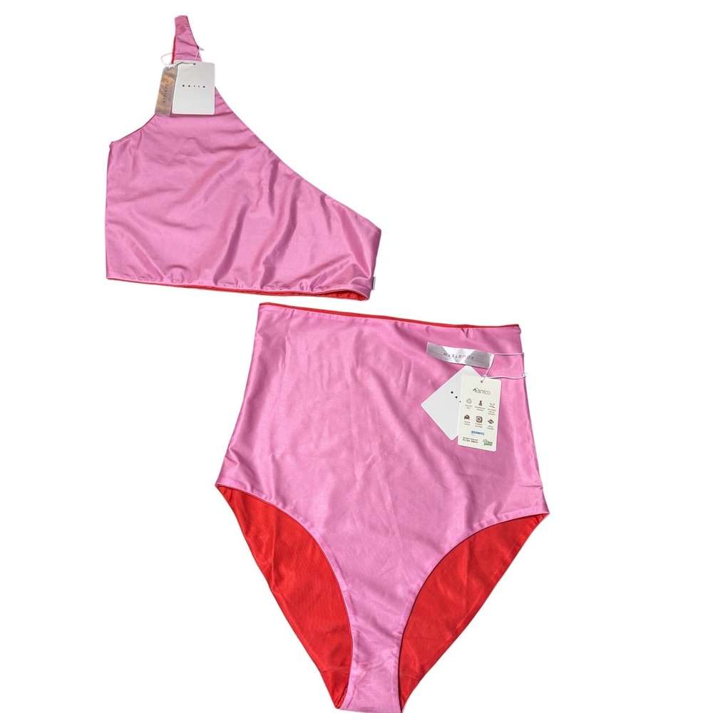 BAIIA Bikini Set NEW 14 Pink Red Reversible One Shoulder High Waist Swimsuit